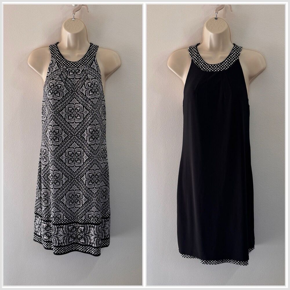 WHBM White House Black Market Dress XS Reversible Halter Black White Geometric